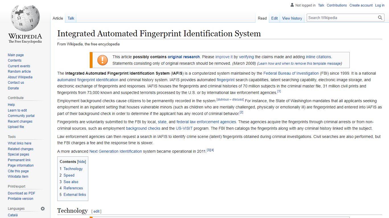 Integrated Automated Fingerprint Identification System